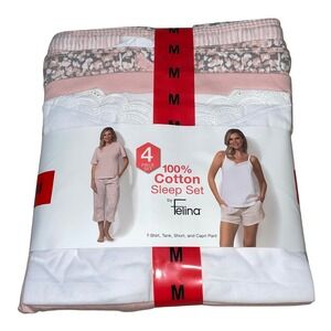 Felina 4 Piece 100% Cotton Sleep Set Pajama TShirt Tank Short Capri Pants Medium